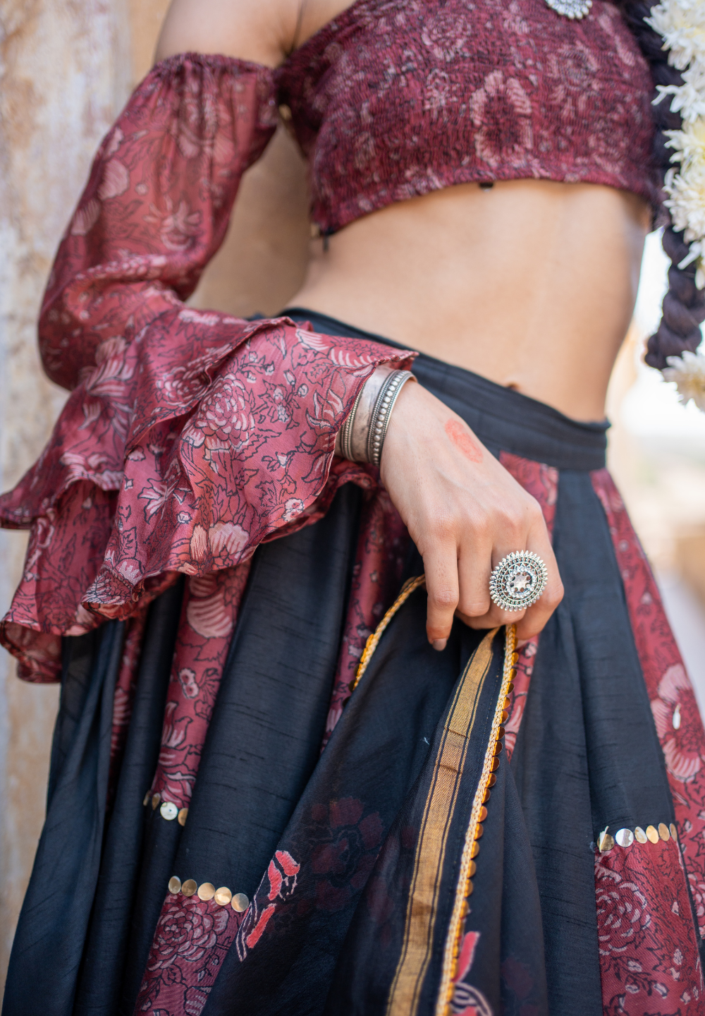 Colour Block Lehenga Set Maroon & Black