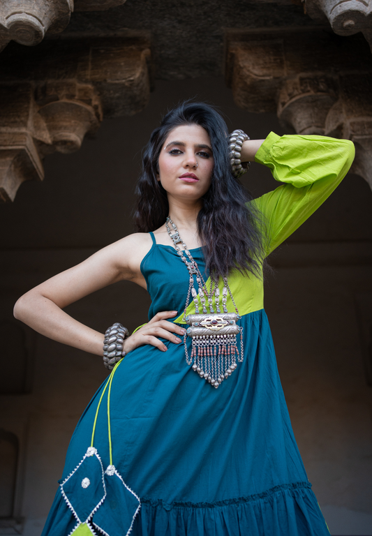 Indriya Blue- Green One Shoulder Dress