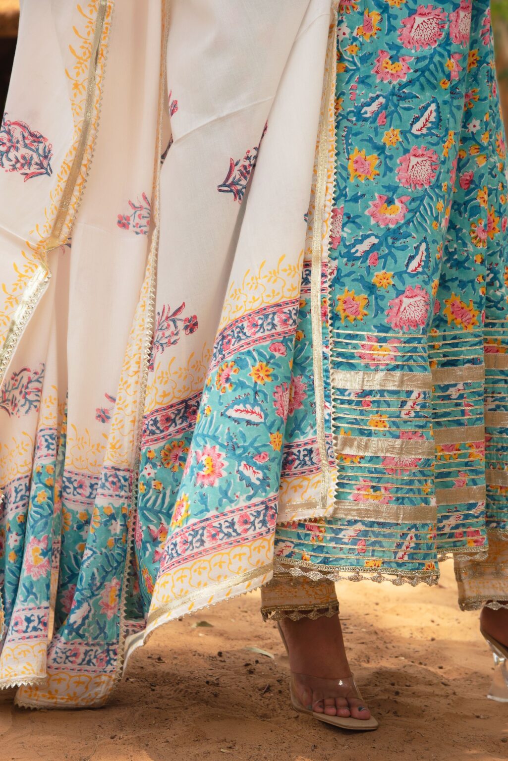 Roshni Turquoise Handblock Cotton Anarkali -Set of 3