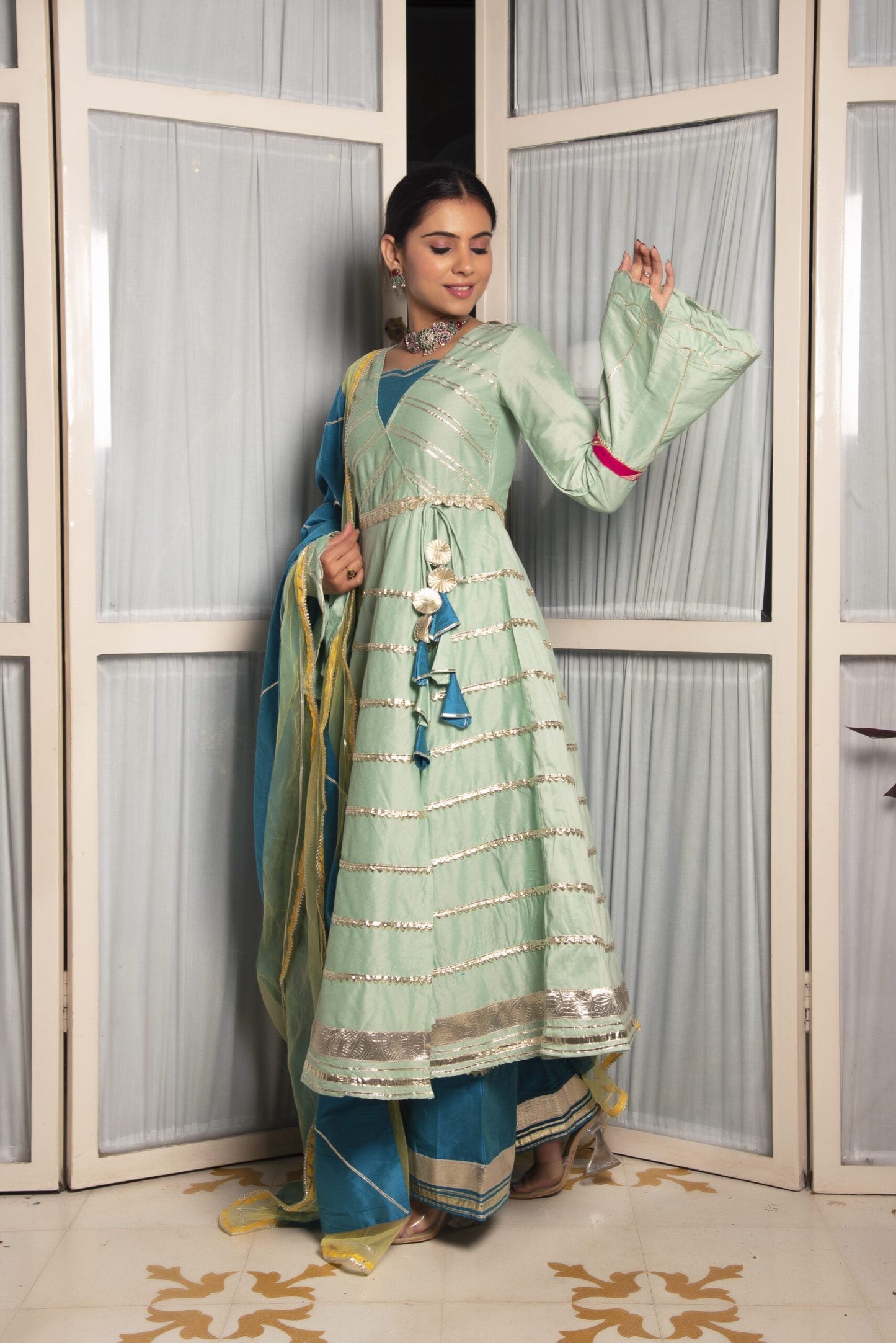 Malsuri Mint Green Cotton Silk Anarkali -Set of 3