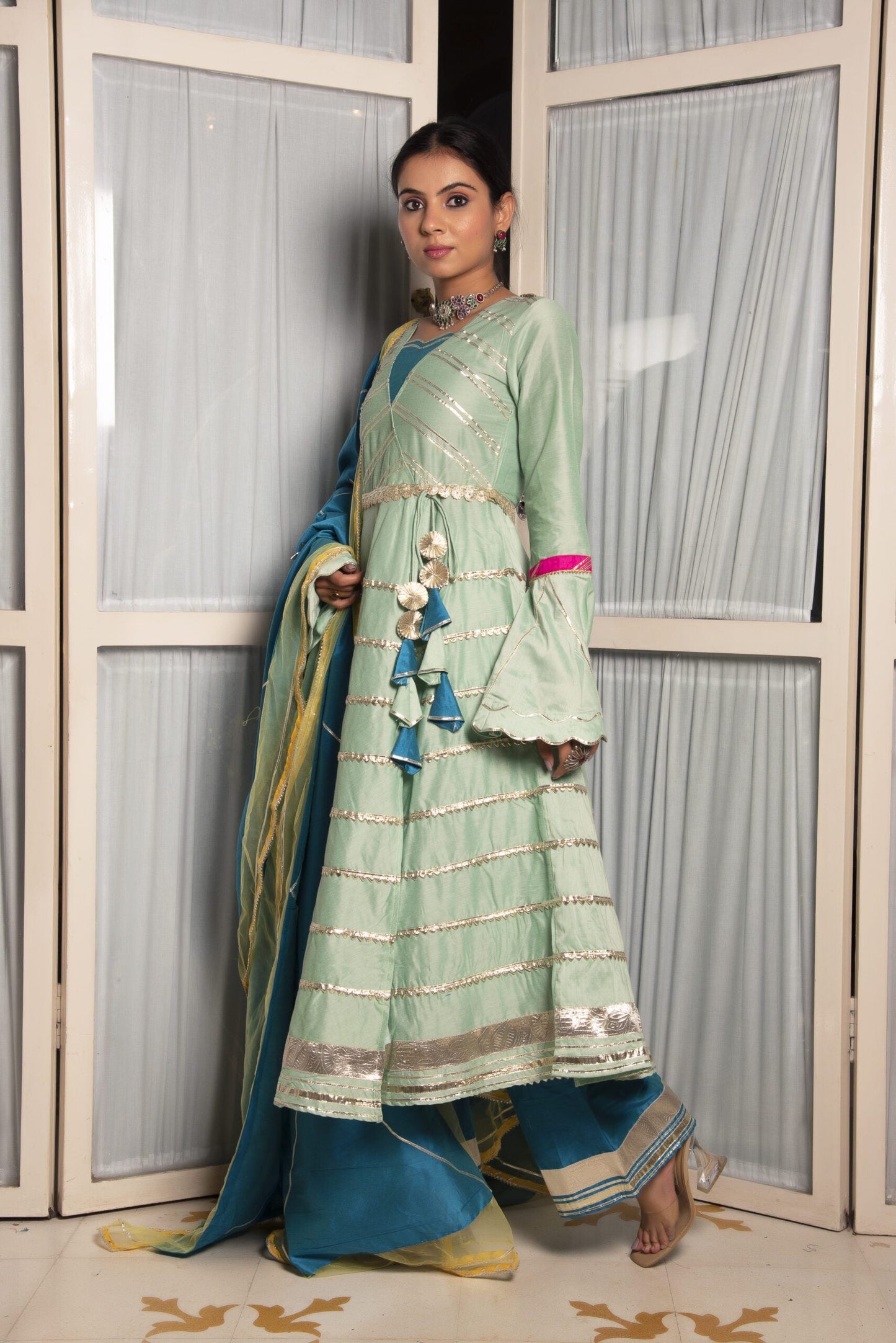 Malsuri Mint Green Cotton Silk Anarkali -Set of 3